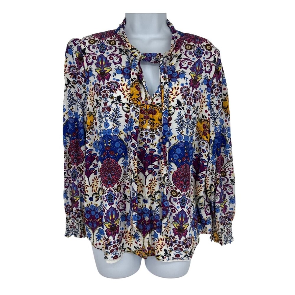 Talbots Petite Tie-Neck Blouse With Smocked Cuffs & Long Sleeves Size XLP
